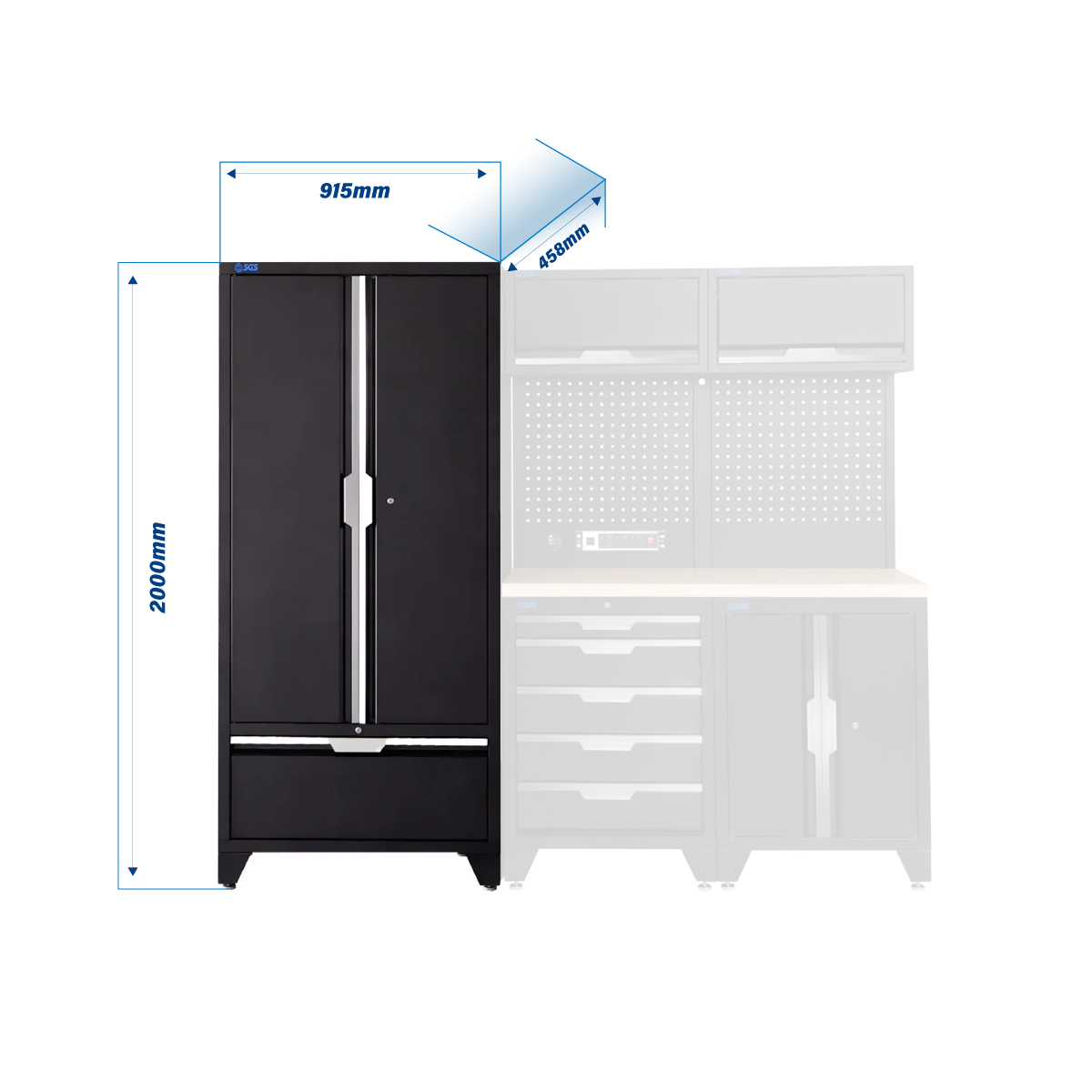 SGS 7pc Garage Storage System | 5 Drawers | Pressed Wood Worktop | Tall Double Cabinet with Drawer | Pegboard with Power Strip